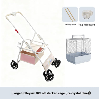 Foldable Lightweight Parrot Stroller Outdoor Travel Pet Carrier with Storage Space