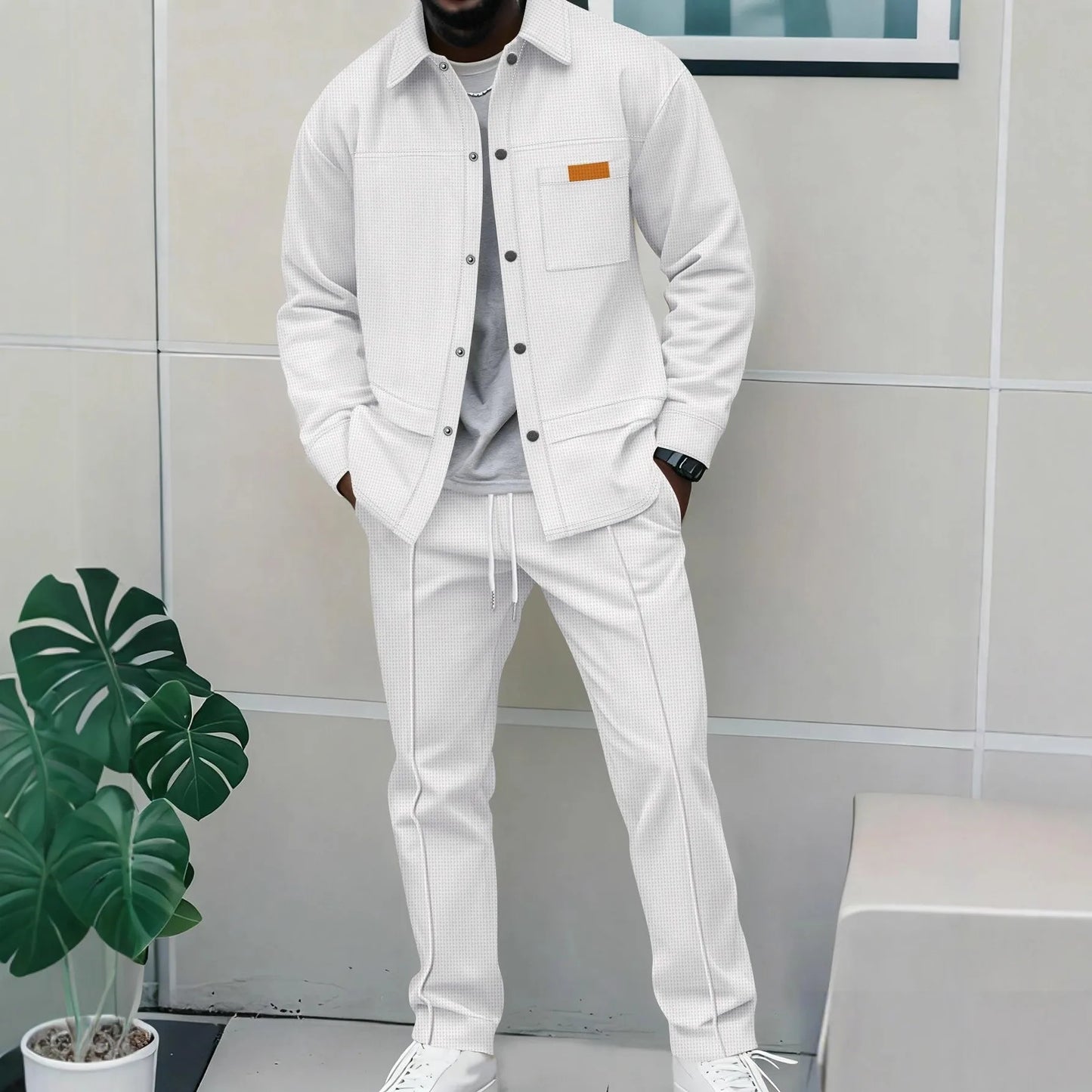 2026 Men's New Style Waffle Plain Color Collar Button-Down Pockets Long-Sleeved Pants Casual Jacket Set