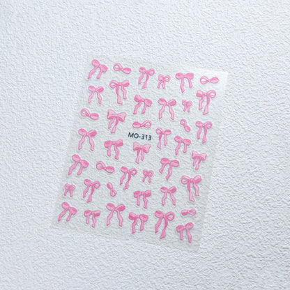 Bowknot Nail Stickers 3D Relief White Ribbon Cute Sweet Pink Self-Adhesive Nail Art Decoration Decals For Nail Tips Manicures
