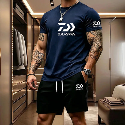 2026 Summer Men's Short Sleeved T-shirt Drawstring Shorts Set Breathable Outdoor Sports Set Men's Daily Fishing Suit