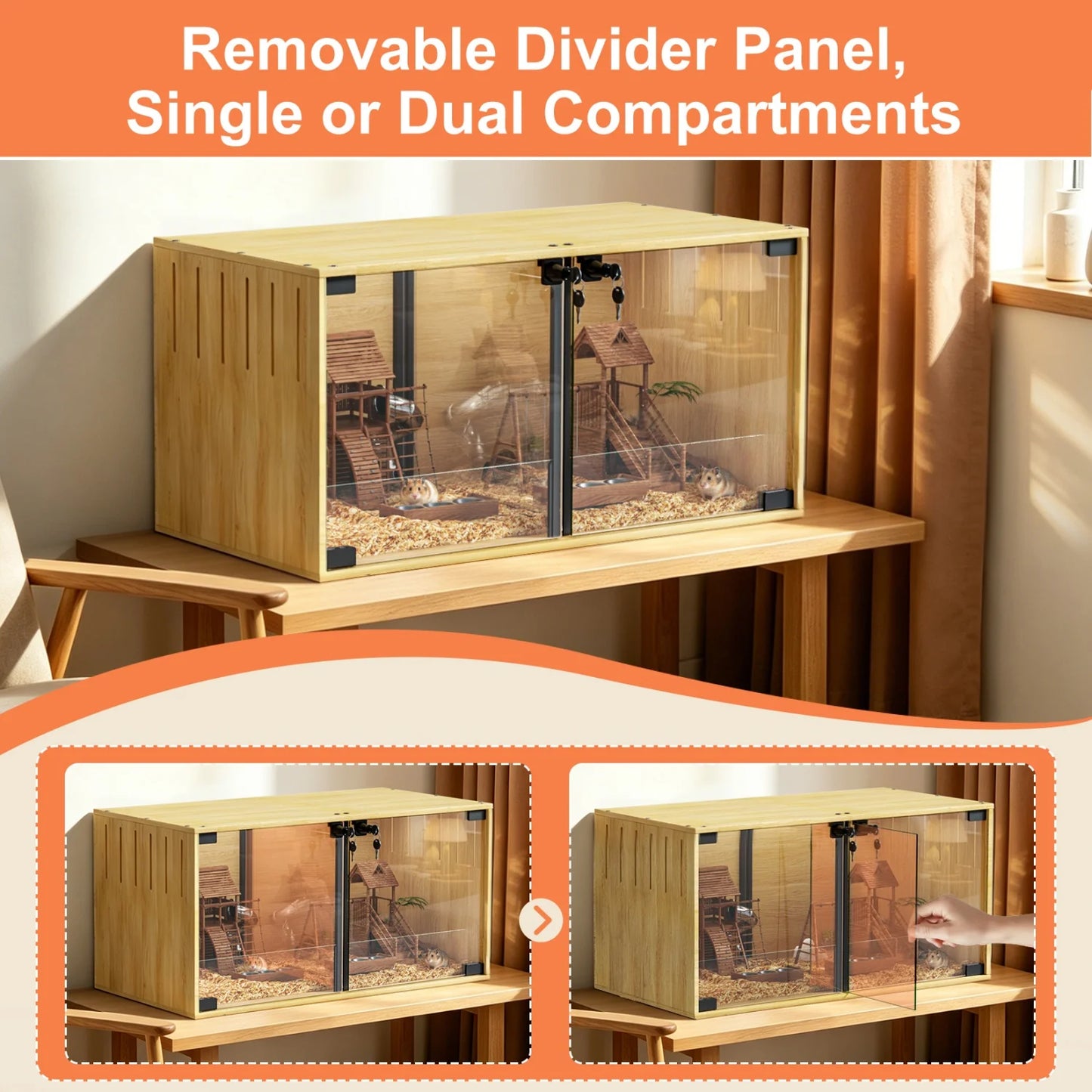 Wooden Hamster Guinea Pigs Cage Mice and Rat Habitat with Removable Divider Tempered Glass Panels Chew-proof Small Animals Cage for Small Pets