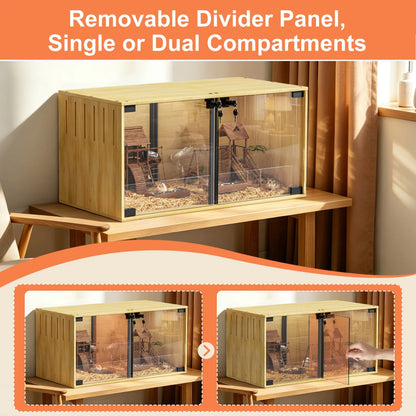 Wooden Hamster Guinea Pigs Cage Mice and Rat Habitat with Removable Divider Tempered Glass Panels Chew-proof Small Animals Cage for Small Pets