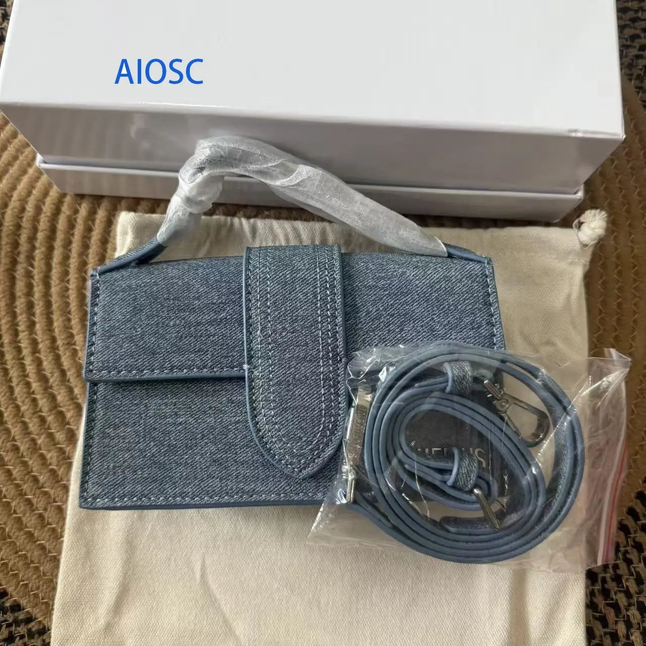 Women Denim Textured Mini Baguette Bag Thin Short Top Handle Detachable Adjustable Crossbody Strap Flap Purse