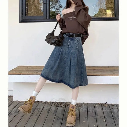 Summer Trendy Designer Lady High Waist Jeans Pleated Skirt Women Fashion Vintage Denim Skirts Girls Korean Casual Midi Skirts