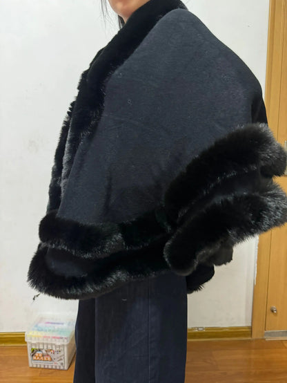 2024 Women 2 Circle Wraps Long Faux Rabbit Fur Cape Poncho Winter Loose Thick Warm Shawl Outerwear Knitted Cloak Overcoat