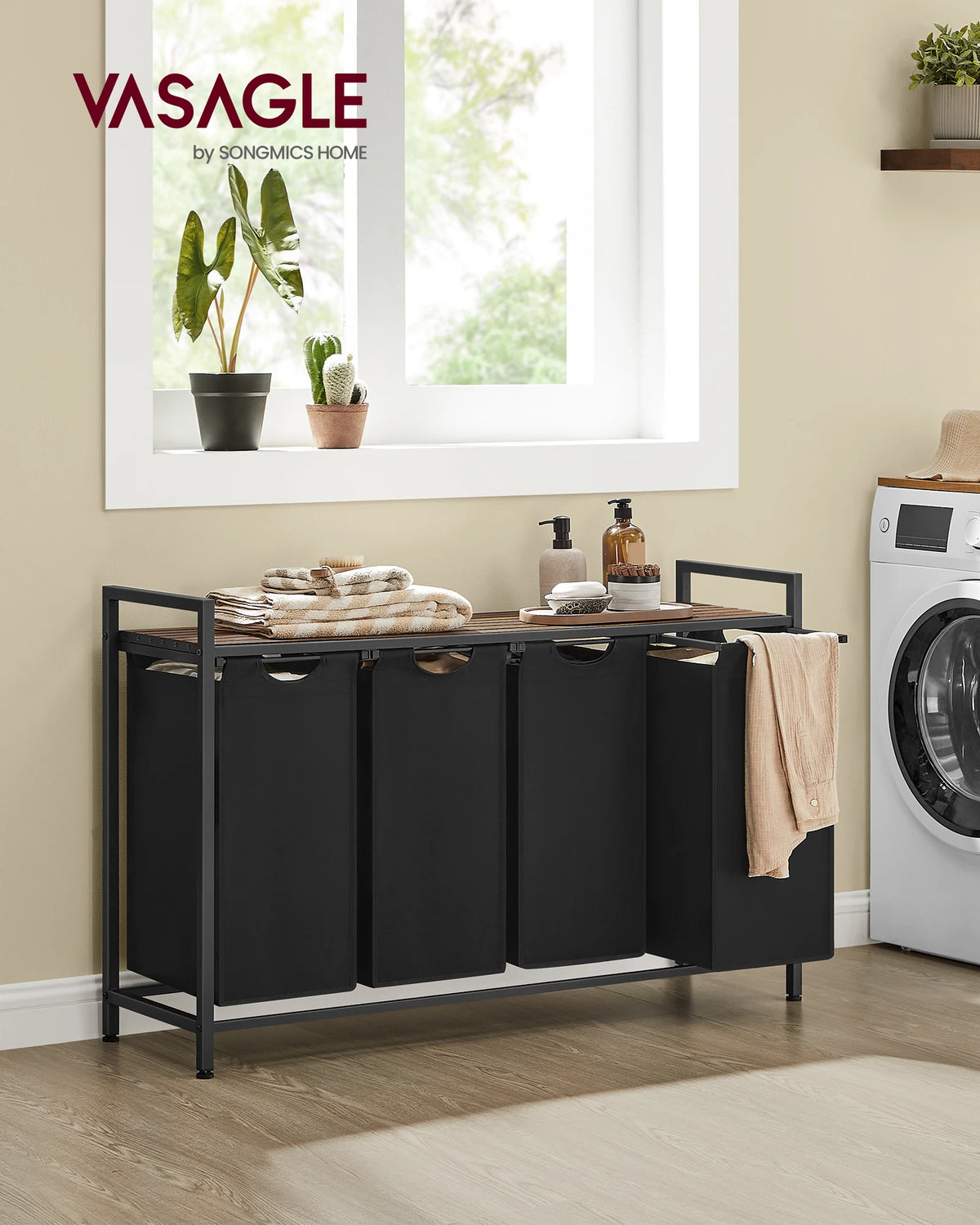 VASAGLE laundry basket 4 hand fan Laundry Collector with Storage, Laundry Box, Removable Laundry Bag, Metal Frame, 4x40L