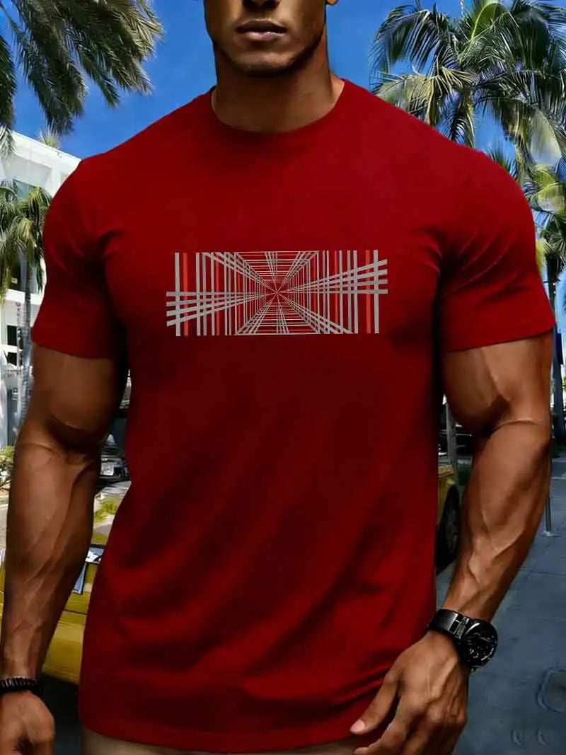 Summer men's 100% pure cotton casual fashionable loose retro compass mountain pattern printed round neck short sleeved T-shirt