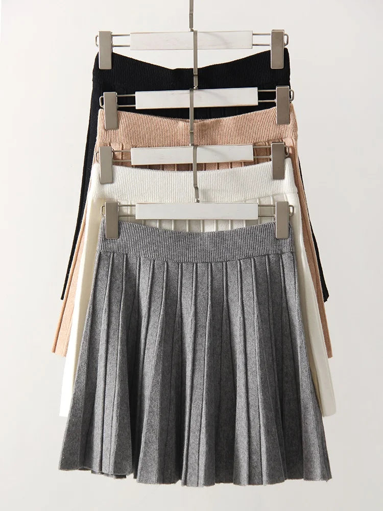 Autumn Knit White Mini Pleated Skirts For Women A Line Skirt Gray High Waist Women Knitted Pleated Short Skirts Korean Fashion