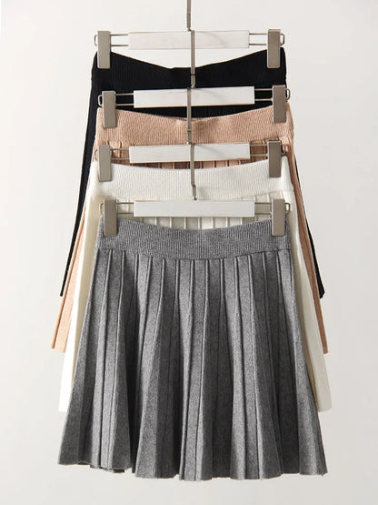 Autumn Knit White Mini Pleated Skirts For Women A Line Skirt Gray High Waist Women Knitted Pleated Short Skirts Korean Fashion