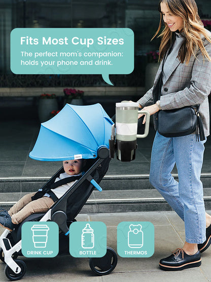 2-in-1 Large-Size Universal Stroller Cup Holder with Phone Holder - 360° Rotatable Adjustable Clamp, Detachable Stand