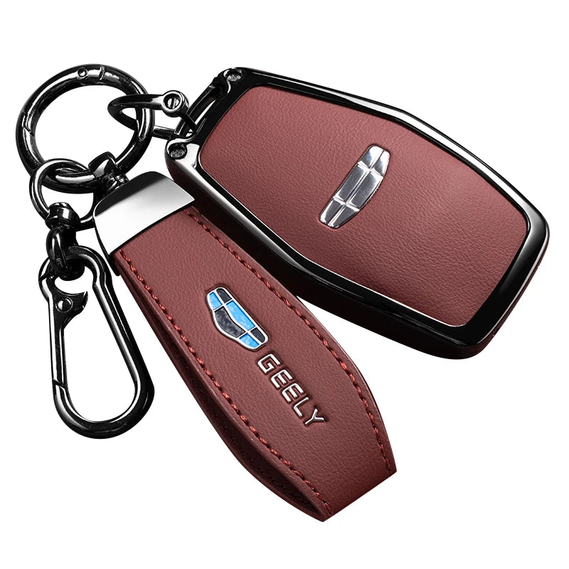 Car Zinc Alloy Leather Key Case Cover Holder Chain For Geely Okavango Coolray Atlas Monjaro Tugella Emgrand GT S Proton X50 X70