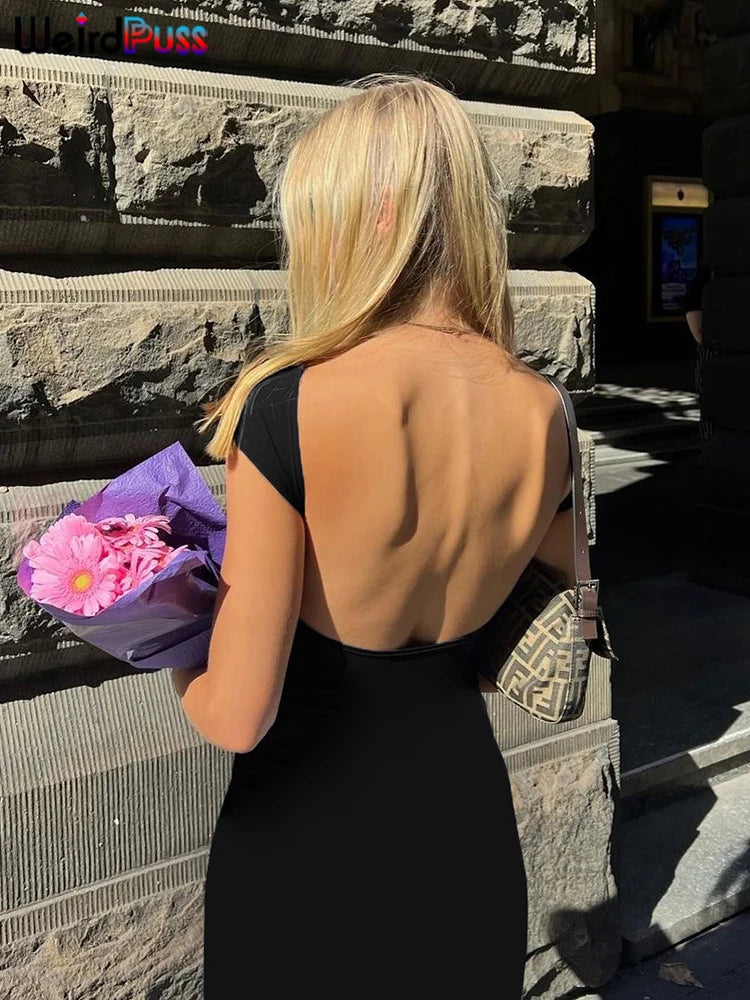 Weird Puss Backless Sexy Women Maxi Dress Short Sleeve Slim Fit Elastic Casual Solid Streetwear Club Party Ladies Summer Bodycon