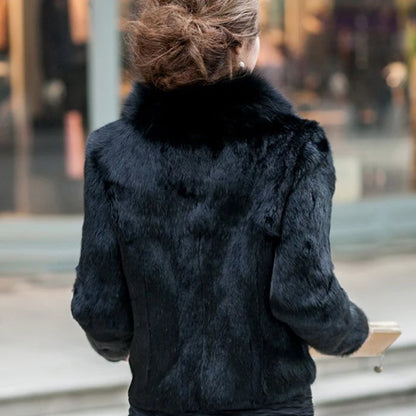 100% Genuine Whole Skin Rabbit Fur Coat with luxury Real Natural Fox Fur Collar Jacket Full Pelt Rabbit Fur Overcoat HT89