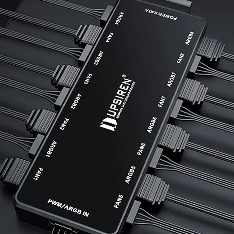 UPSIREN HU-8 Chassis Fan Hub，8 Sets of ARGB and PWM Interfaces,Bottom magnetic design，Support motherboard synchronization