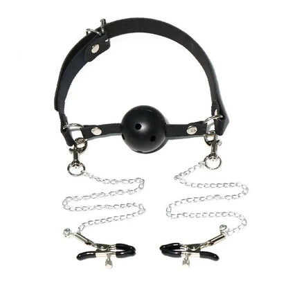 Erotic Toy PU Leather Mouth Gag Ball Oral Sex With Chain Clip Breast Nipple Clamps Bondage Harness Sex Toys Adult Games