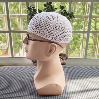 New Summer White Pure Handmade Hooked Prayer Hat Muslim Knitted Kufi Hat Skull Cap Crochet Handmade Islamic Ramadan Prayer Cap