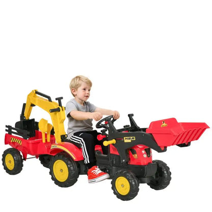 Pedal tractor with detachable pendant & adjustable excavator shovel for children from 3 years old, 35kg red