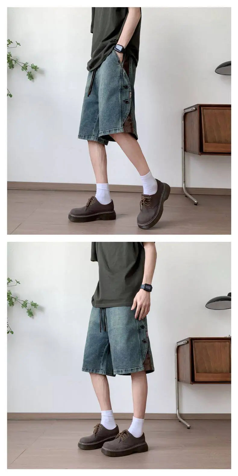 Mens Loose Fit Summer Denim Shorts Elastic Waist Washed Blue Side Personality Design Casual Comfortable Fashion Trendy Outdoor