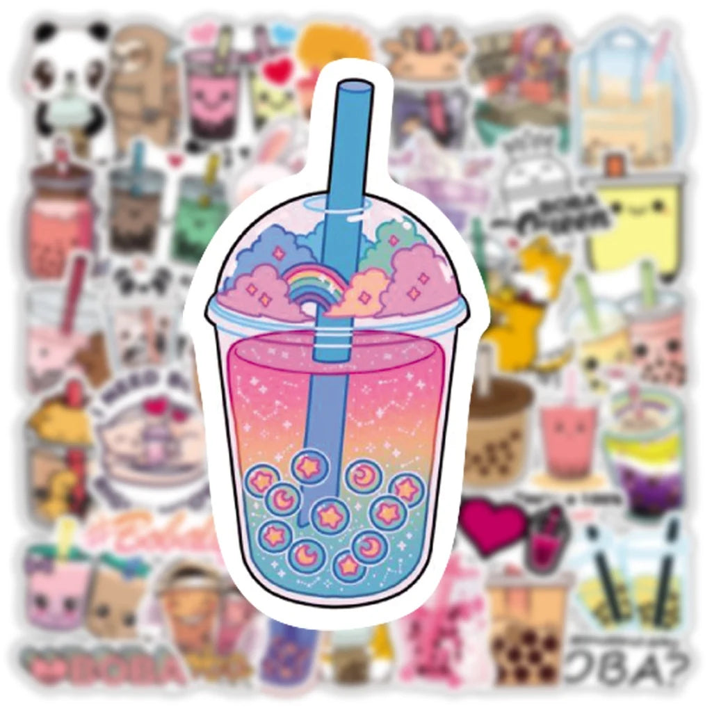50PCS Cute Cartoon Pearl Milk Tea Stickers Pack For Stationery Luggage Laptop Decal Kids Gift