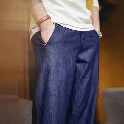 Maden Men's Vintage Denim Jeans Washed Blue Lightweight Baggy Straight Wide Leg Zipper Casual Spring Summer Pants