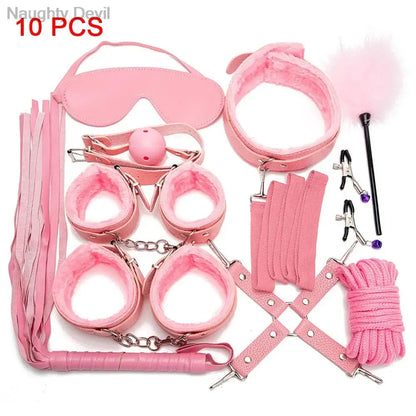 Erotic Bdsm Set Sexy Leather Plush Sex Toys Bondage Kit Handcuffs Feather Blindfold Flirt Exotic Accessories Couples Adult Games
