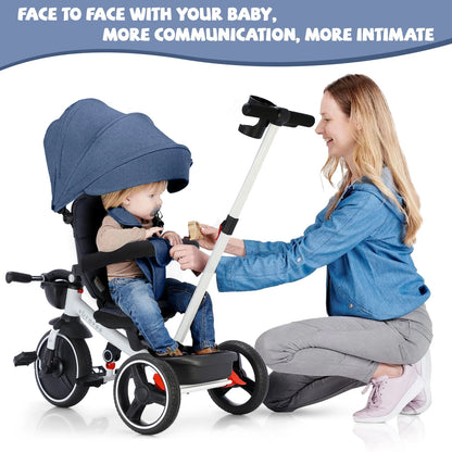 Foldable Children's Tricycle – Adjustable Parent Handle, Wheel Brakes, Removable Hood, Backrest & Safety Seat