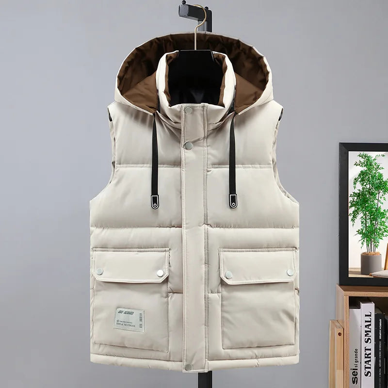 2024 Autumn Winter Men Thicken Cotton Waistcoat Sleeveless Vests Jackets Warm Detachable Hat Outerwear Male Zipper Hooded Coats