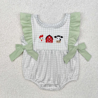 Wholesale Baby Girl Newborn Birthday Balloons Romper Bubble Embroidery Pink Plaid Bows Jumpsuit Kids Toddler Summer Clothes
