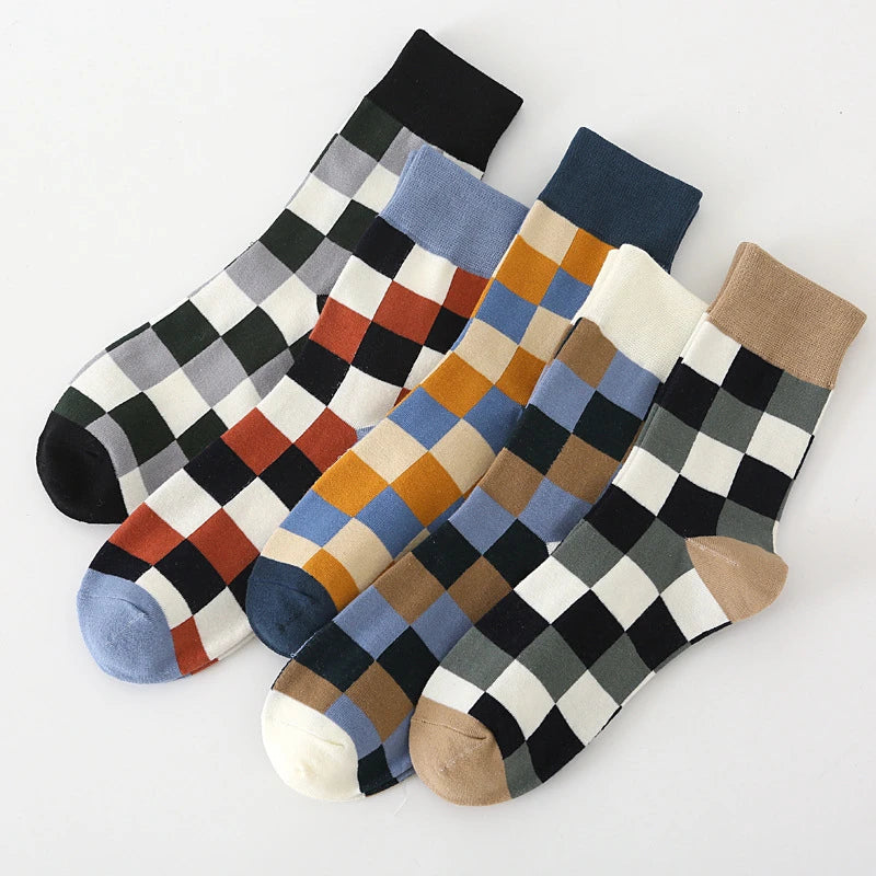 5 Pairs/Lot Combed Cotton Men's Socks Compression Fashion Colorful Square Happy Dress Men Casual Business Grid Gentleman British