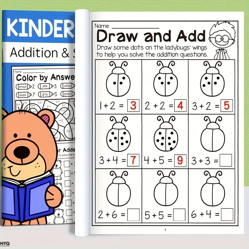 32-Page Interactive Math Learning Workbook with Addition & Subtraction Worksheets, Crossword Puzzles, Colorful Math Activities