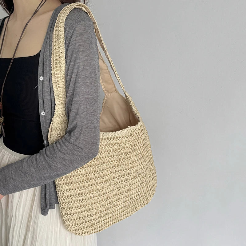 Fashion Rattan Women Shoulder Bags Woven Female Handbags Large Capacity Summer Beach Straw Bags Casual Tote Purses