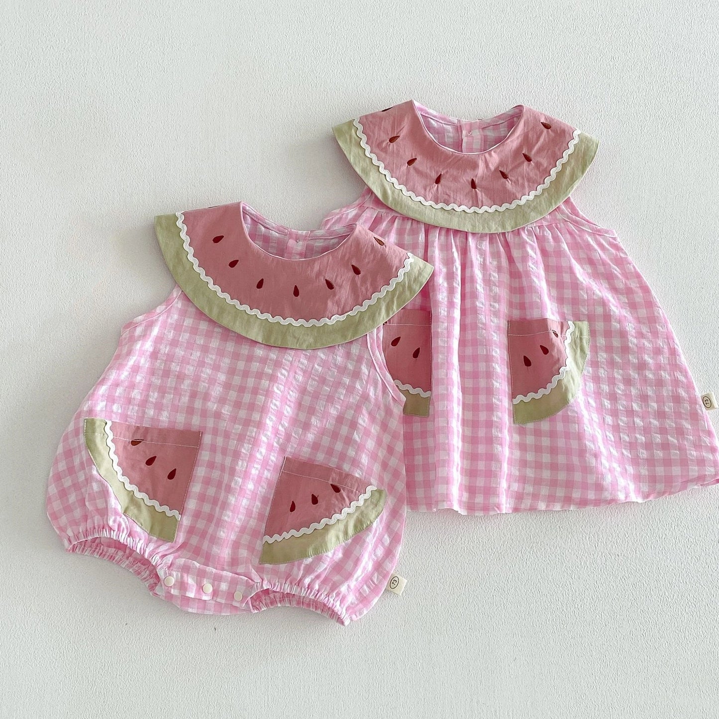 2026 Summer Childrens Clothes Watermelon Collar Baby Bodysuit with Patch Pockets Pink-white Check Girls Dress
