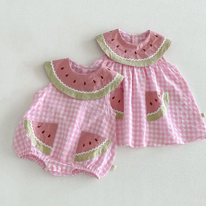 2026 Summer Childrens Clothes Watermelon Collar Baby Bodysuit with Patch Pockets Pink-white Check Girls Dress