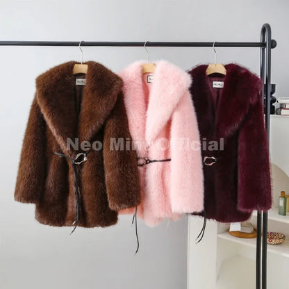 Neo Mint Chic Brand Fashion Brown Belted Faux Fur Coat Women 2025 Winter Thick Warm Long Fox Fur Jacket Girls Furry Overcoat