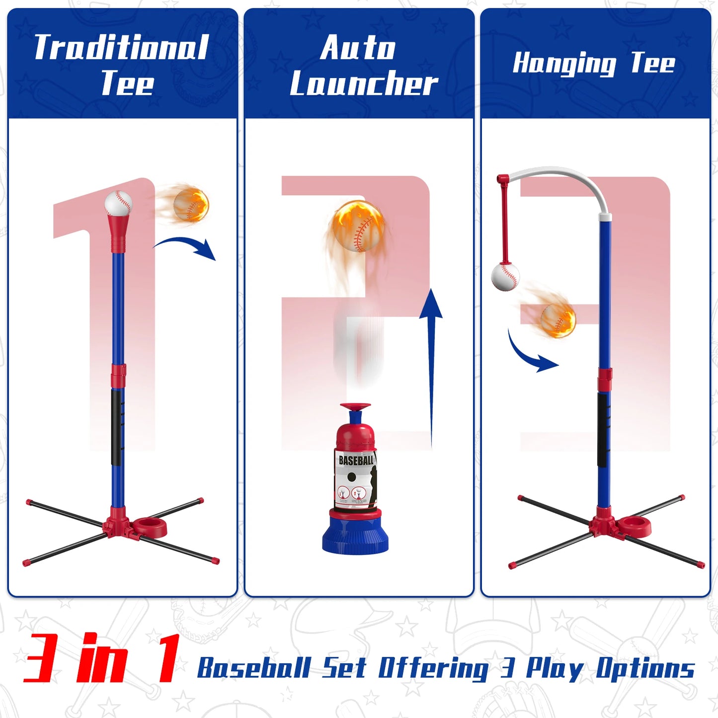 3 In 1 Kids Baseball Toy Set, With Hanging Ball Holder/Standing T-BALL/Auto Launcher/6 Baseballs, Adjustable Height Baseball Set Indoor Outdoor Sports Gift Toy Birthday Halloween Christmas Gift