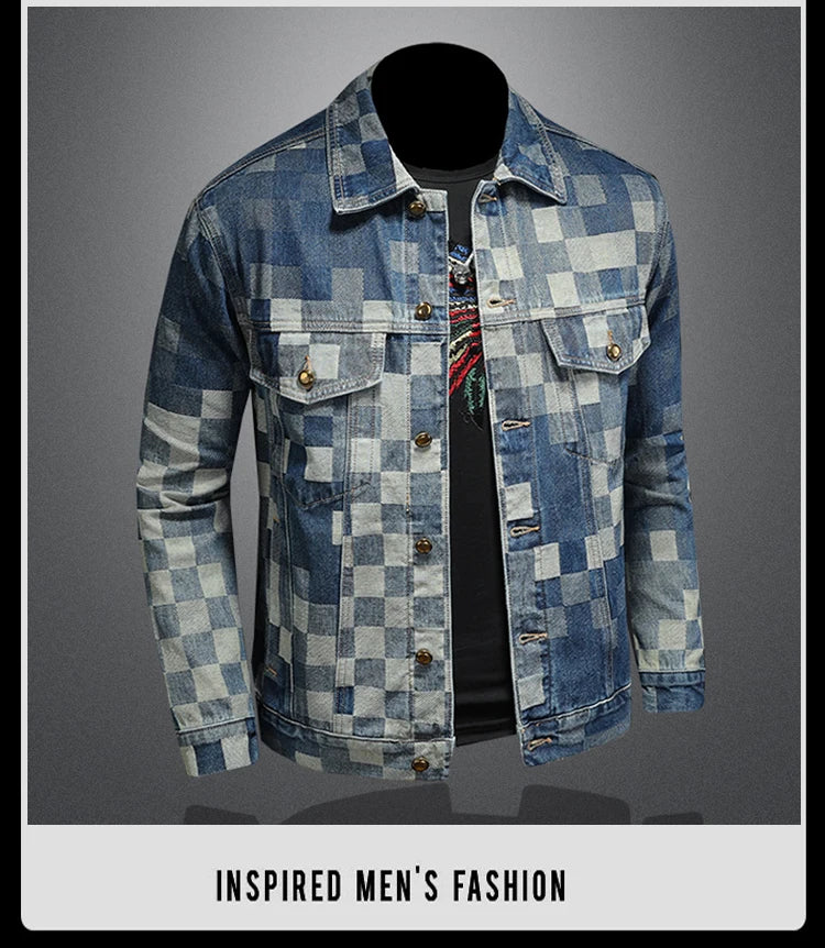 2025 Autumn Vintage Checkered Denim Jacket for Men Flip Collar Single Breasted Casual Business Jacket Social Street Wear Jeans