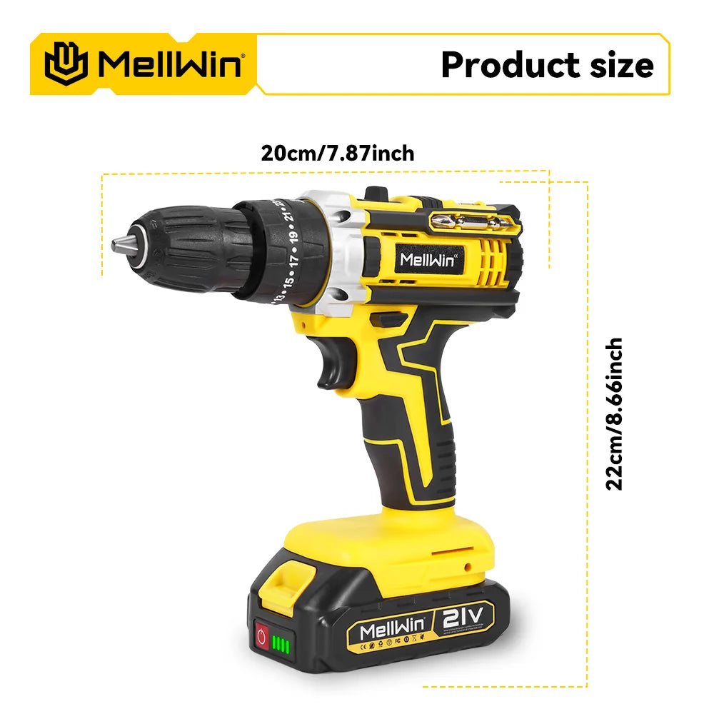 MELLWIN 25+3 Torque Electric Impact Drill 2 Speed Adjustable Cordless Electric Screwdriver Power Tool For Makita 18V Battery Pin