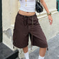 Women Y2K Baggy Cargo Shorts Knee Denim Length Drawstring Waist Multi Pocket Casual Streetwear Summer Loose Fit Jorts