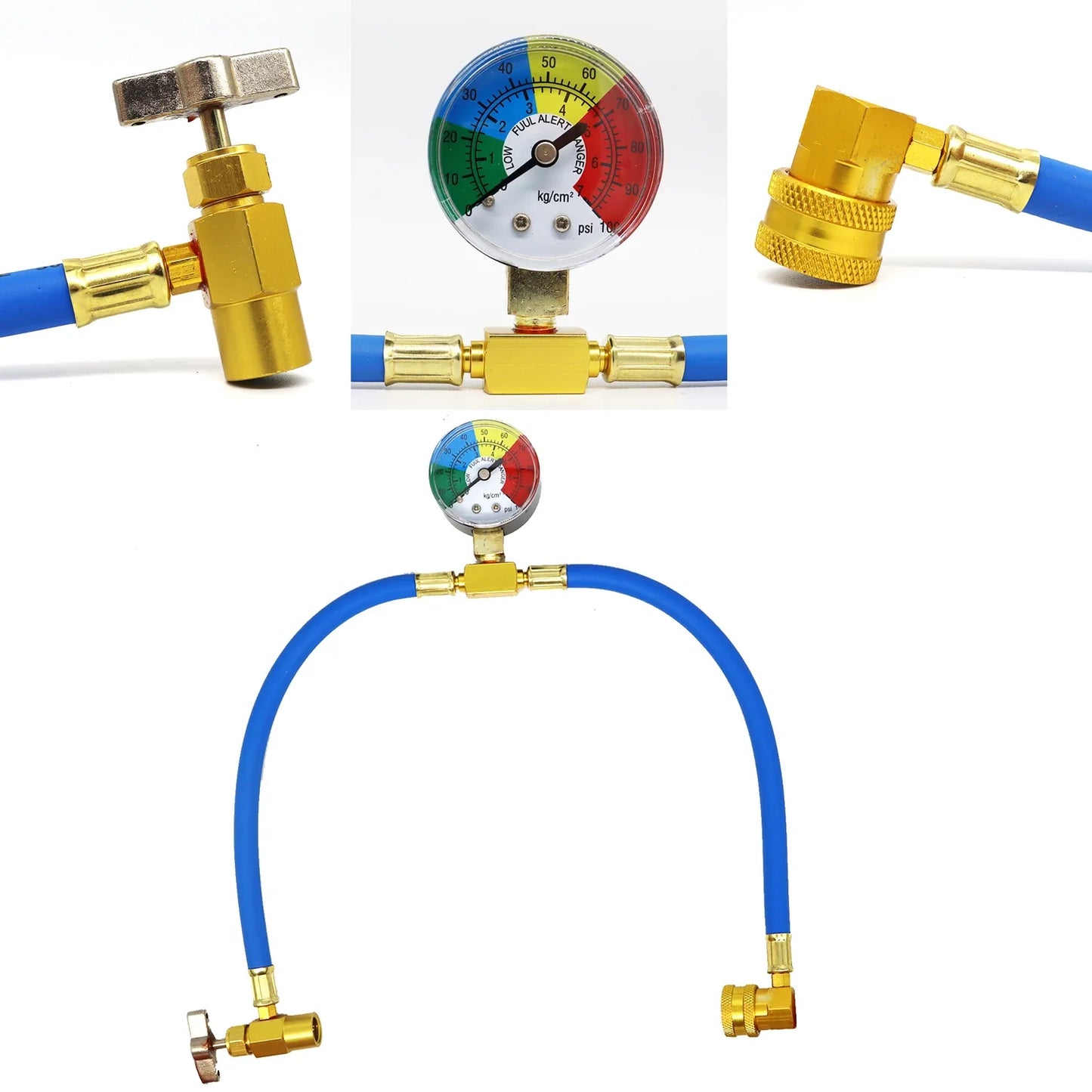 R134A Recharge Hose with Gauge, AC Can Tap Freon Charging Kit, 90° Low Side Quick Coupler for R134A R12 R22 A/C Refrigerant