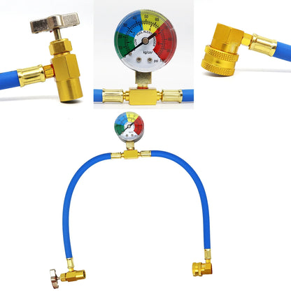 R134A Recharge Hose with Gauge, AC Can Tap Freon Charging Kit, 90° Low Side Quick Coupler for R134A R12 R22 A/C Refrigerant