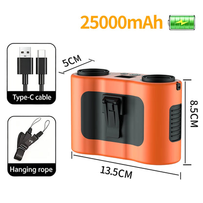 25000mAh Outdoor Waist Clip Fan Handheld Hanging Neck Fan 5-Speed Strong Wind Dual Air Vents USB Rechargeable Power Bank