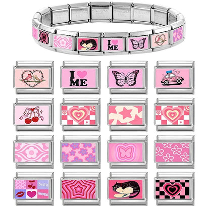 Wholesale Sweet Pink Series Stars Heart Flowers Butterfly Italian Link Fit 9mm Stainless Steel Bracelet Making DIY Charm Jewelry