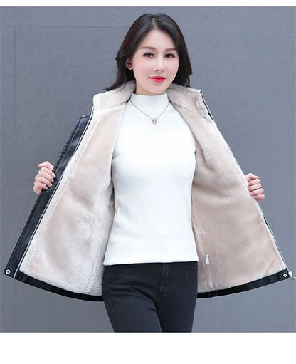 Winter Coat New Fashion Soft Leather Clothes Women's Long Sheep Leather Jacket Plus Velvet Padded Warm Coat