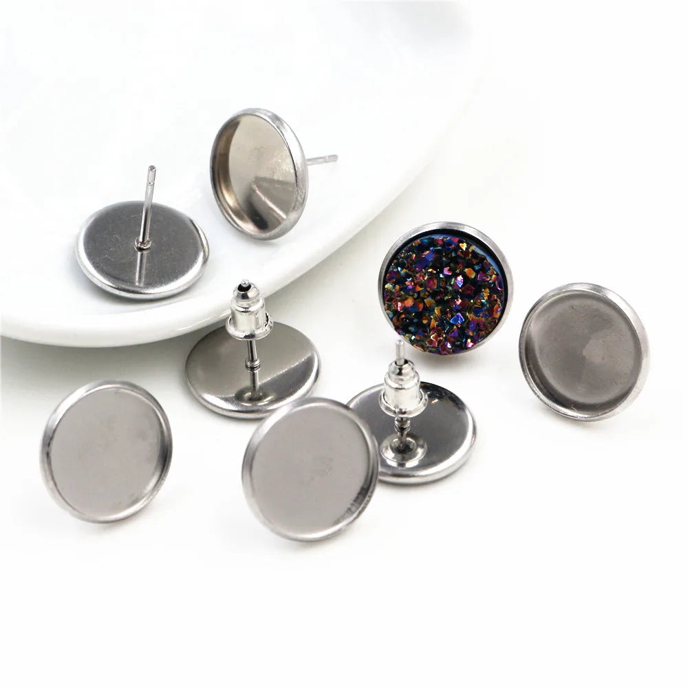 (Never Fade) 6/8/10/12/14/16/18/20mm Stainless Steel Earring Base Studs Ear Cameo Settings Cabochon Base Tray Blank (With Back)