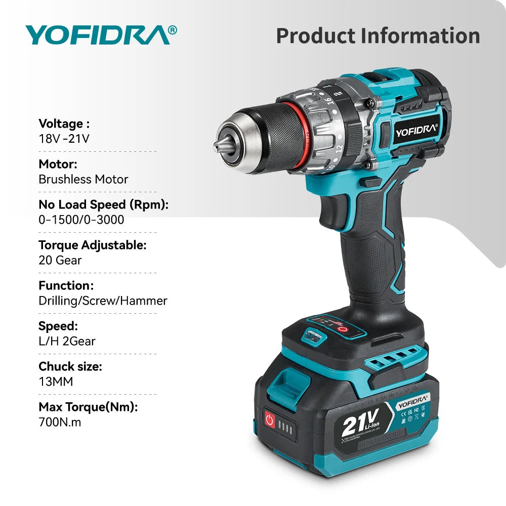 YOFIDRA 700N.M Brushless Electric Impact Drill Cordless Screwdriver Plates Soil WoodWorking Power Tool For Makita Battery Pin