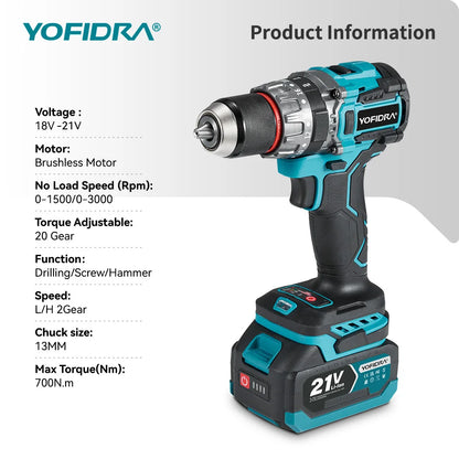 YOFIDRA 700N.M Brushless Electric Impact Drill Cordless Screwdriver Plates Soil WoodWorking Power Tool For Makita Battery Pin