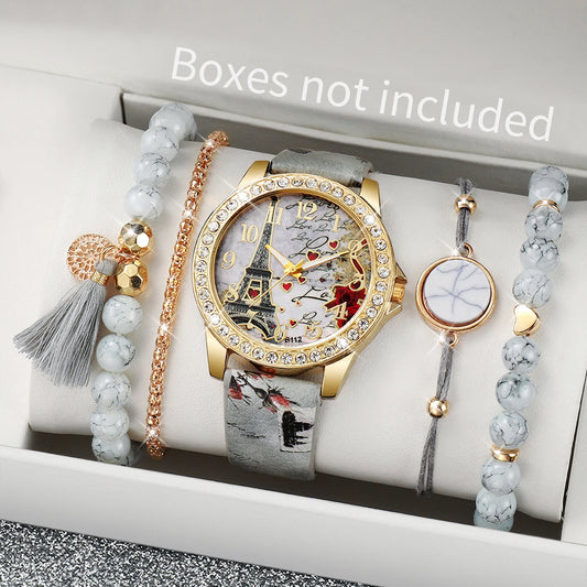 2/3/4/5PCS Fashion Rhinestone Women's Watch Flowers Printed Leather Band Female Quartz Watches Bracelets Set（Without Box）