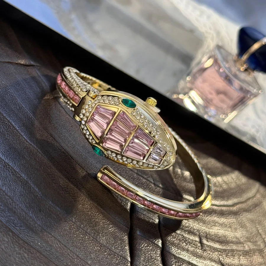 LuxuryDiamondEmbedded Fashionable Snake-Shape Bracelet Watch for Women Elegant Open Handbag Stylish European And American Design