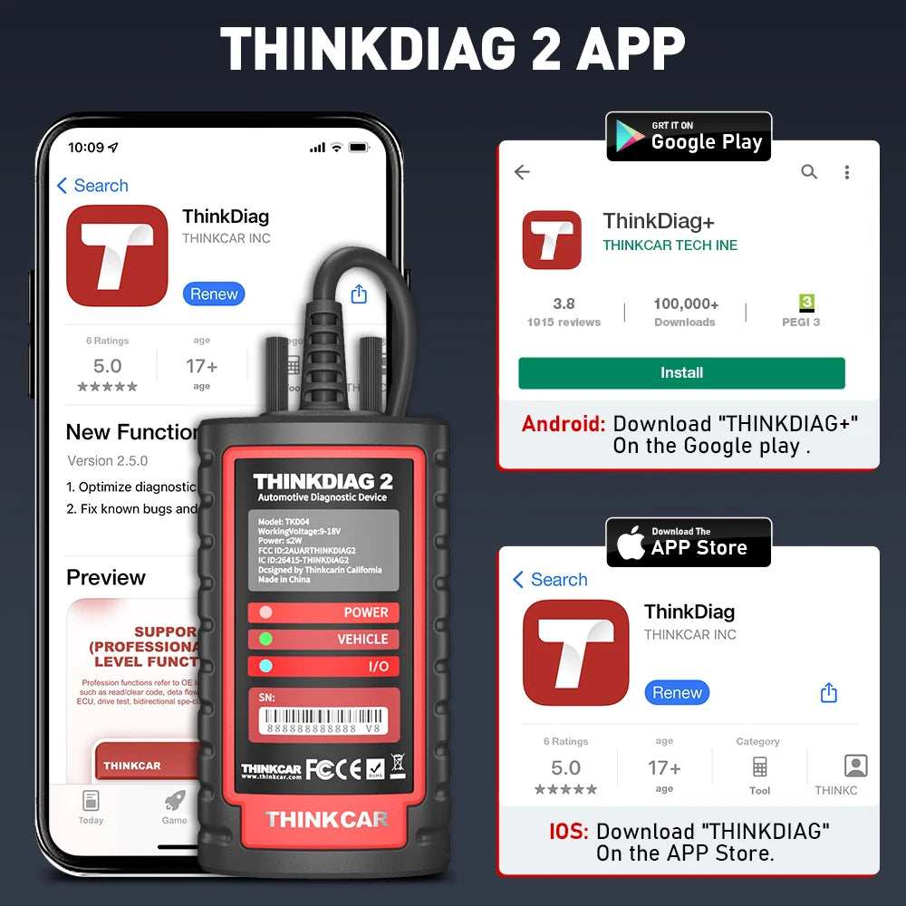 THINKCAR Thinkdiag 2 OBD2 scanner with CANFD support, all systems diagnostics tools with 15 reset functions, two-way scanning, ECU coding.