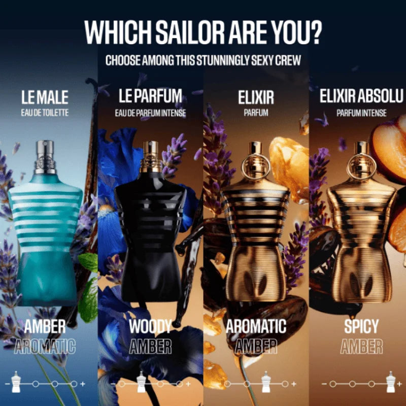 Jean Paul Gaultier Le Male Full Collection for Men | Le Male Original / Elixir / Le Parfum Intense / Le Beau Paradise Garden Complete Line | Long-lasting Woody Amber Lavender Cologne, Luxury Designer Perfume, Perfect for Vale